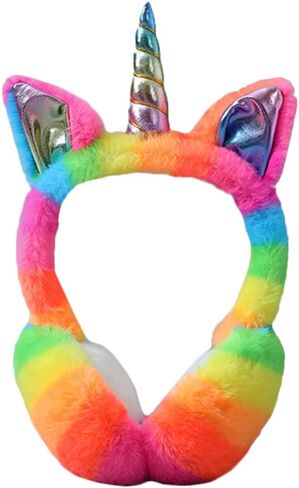 غطاء للأذنين للفتيات الشتاء قابل للطي على شكل وحيد القرن لتدفئة الأذن من الفرو الصناعي مع غطاء للأذنين لطيف بالترتر in Kuwait