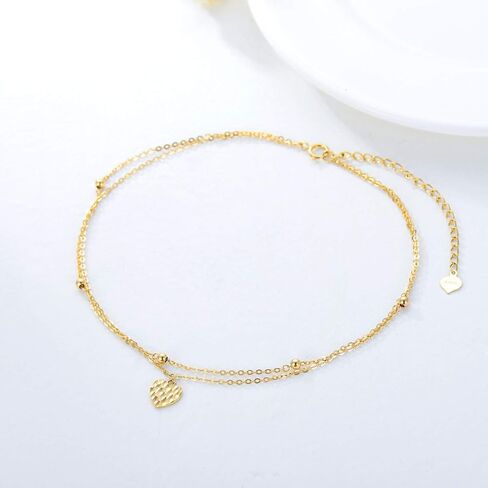sisgem 14k الذهب الأصفر الصلبة خلخال القلب للنساء، محطة الذهب الحقيقي سلاسل مزدوجة خلخال الشاطئ خلخال الخرز سوار القدم المجوهرات الجميلة هدايا عيد ميلاد لها 9 "+ 2" in Saudi Arabia
