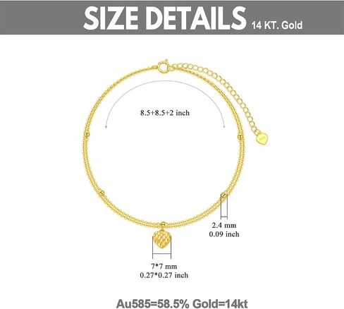 sisgem 14k الذهب الأصفر الصلبة خلخال القلب للنساء، محطة الذهب الحقيقي سلاسل مزدوجة خلخال الشاطئ خلخال الخرز سوار القدم المجوهرات الجميلة هدايا عيد ميلاد لها 9 "+ 2" in Saudi Arabia