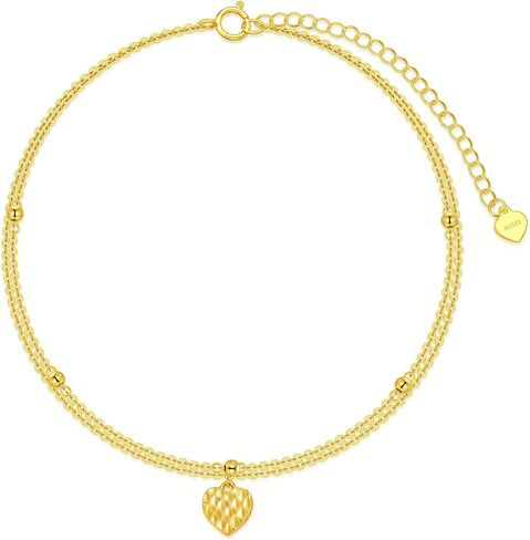 sisgem 14k الذهب الأصفر الصلبة خلخال القلب للنساء، محطة الذهب الحقيقي سلاسل مزدوجة خلخال الشاطئ خلخال الخرز سوار القدم المجوهرات الجميلة هدايا عيد ميلاد لها 9 "+ 2" in Saudi Arabia