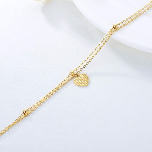 sisgem 14k الذهب الأصفر الصلبة خلخال القلب للنساء، محطة الذهب الحقيقي سلاسل مزدوجة خلخال الشاطئ خلخال الخرز سوار القدم المجوهرات الجميلة هدايا عيد ميلاد لها 9 "+ 2" in Saudi Arabia