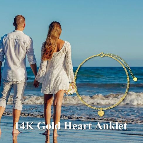 sisgem 14k الذهب الأصفر الصلبة خلخال القلب للنساء، محطة الذهب الحقيقي سلاسل مزدوجة خلخال الشاطئ خلخال الخرز سوار القدم المجوهرات الجميلة هدايا عيد ميلاد لها 9 "+ 2" in Saudi Arabia