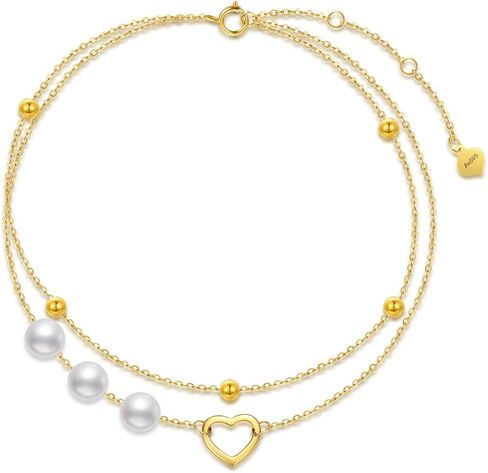 Solid 14kt Gold Heart Anklets for Women, Simple Gold Handpicked Culturead Pearl Heart Ankle Bracelet Jewelry for Her, Mom Wife Girlfriend, 8"-10" in Saudi Arabia