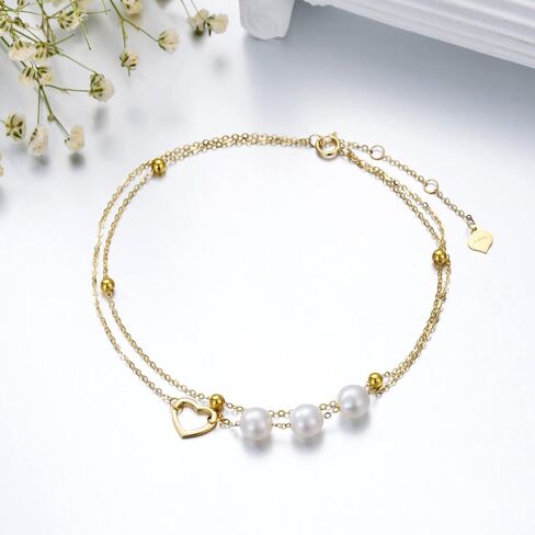 Solid 14kt Gold Heart Anklets for Women, Simple Gold Handpicked Culturead Pearl Heart Ankle Bracelet Jewelry for Her, Mom Wife Girlfriend, 8"-10" in Saudi Arabia