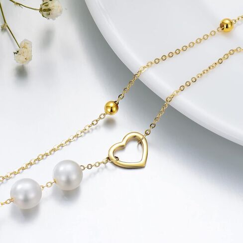 Solid 14kt Gold Heart Anklets for Women, Simple Gold Handpicked Culturead Pearl Heart Ankle Bracelet Jewelry for Her, Mom Wife Girlfriend, 8"-10" in Saudi Arabia