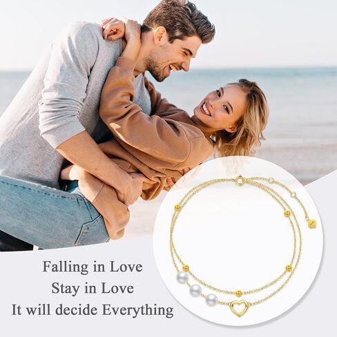 Solid 14kt Gold Heart Anklets for Women, Simple Gold Handpicked Culturead Pearl Heart Ankle Bracelet Jewelry for Her, Mom Wife Girlfriend, 8"-10" in Saudi Arabia
