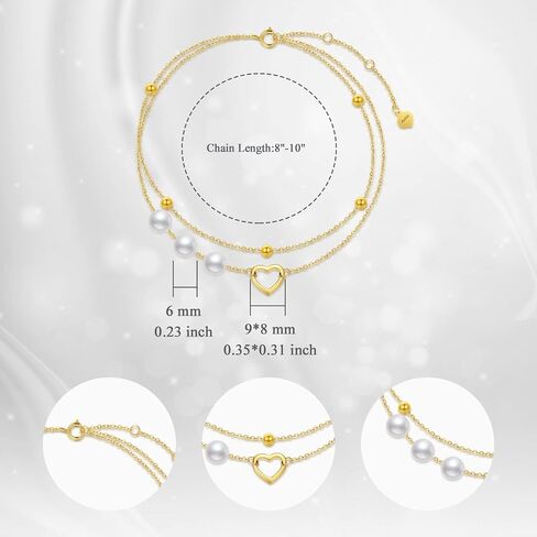 Solid 14kt Gold Heart Anklets for Women, Simple Gold Handpicked Culturead Pearl Heart Ankle Bracelet Jewelry for Her, Mom Wife Girlfriend, 8"-10" in Saudi Arabia
