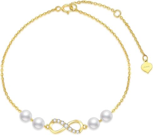 SISGEM 10k Gold Infinity Anklet for Women, Real Freshweter Cultured Pearl and Created Moissanite Love Jewelry Ankle Bracelet for Her, 9.4-11 Inches in Saudi Arabia