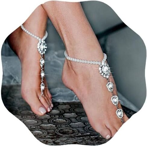 CASOLVX Rhinestone Pearl Barefoot Sandals Barefoot Anklet Sandals Crystal Toe Ankle Bracelet Boho Barefoot Sandals Anklet Beach Wedding Ring Foot Chain Accessories for Women and Teen Girls in Kuwait
