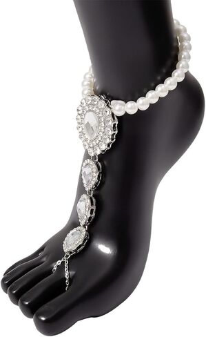CASOLVX Rhinestone Pearl Barefoot Sandals Barefoot Anklet Sandals Crystal Toe Ankle Bracelet Boho Barefoot Sandals Anklet Beach Wedding Ring Foot Chain Accessories for Women and Teen Girls in Kuwait