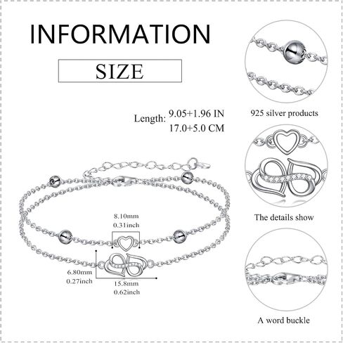 Infinity Heart/Celtic Heart/Evil Eye Bracelet Adjustable 925 Sterling Silver Infinity Love Heart Symbol Charm Anklet Bracelet for Women Doublelayer Beach Foot Chain Gift for Women Girls Mother's Day in Saudi Arabia