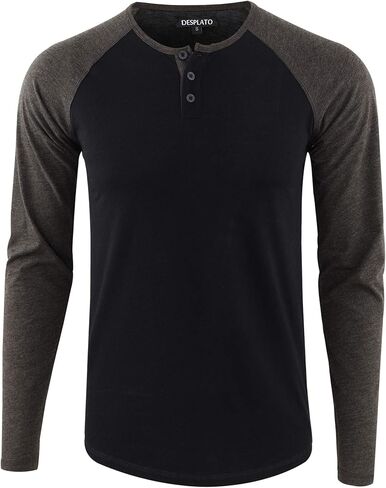 DESPLATO Men's Casual Active Sports Raglan Long Sleeve Running Hiking Baseball Henley T Shirts Black/Heather Charcoal XL in Kuwait