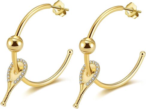 اقراط حلقية للعب التنس للنساء من لوف ماتش | اقراط عصرية مطلية بالذهب عيار 18 قيراط مرصعة بالزركونيا المكعبة | اقراط كرة تنس صغيرة ومضرب لمحبي التنس in Kuwait