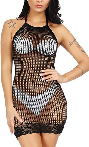 Woosifun Women Halter Fishnet Babydoll Lingerie Chemise Nightwear Mini Teddy Dress One Size One Piece in Saudi Arabia