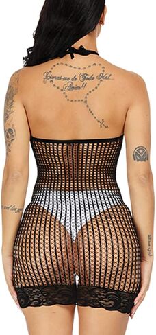 Woosifun Women Halter Fishnet Babydoll Lingerie Chemise Nightwear Mini Teddy Dress One Size One Piece in Saudi Arabia