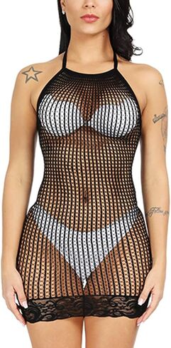 Woosifun Women Halter Fishnet Babydoll Lingerie Chemise Nightwear Mini Teddy Dress One Size One Piece in Saudi Arabia