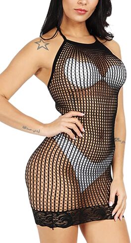 Woosifun Women Halter Fishnet Babydoll Lingerie Chemise Nightwear Mini Teddy Dress One Size One Piece in Saudi Arabia