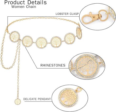 أحزمة سلسلة من حجر الراين Navoky للنساء سلسلة شجرة الحياة لفستان الجينز المعدني وسلسلة الخصر وإكسسوارات المجوهرات in Kuwait