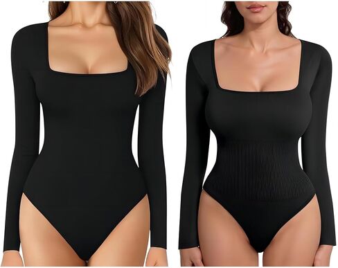 MANGOPOP Bodysuits for Women Long Sleeve Square Neck Tops + Shapewear for Women Thong Bodysuit in Saudi Arabia