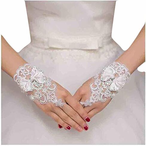 قفازات الزفاف النسائية من Olbye من الدانتيل بدون أصابع قفازات بيضاء ذات أكمام قصيرة in Kuwait