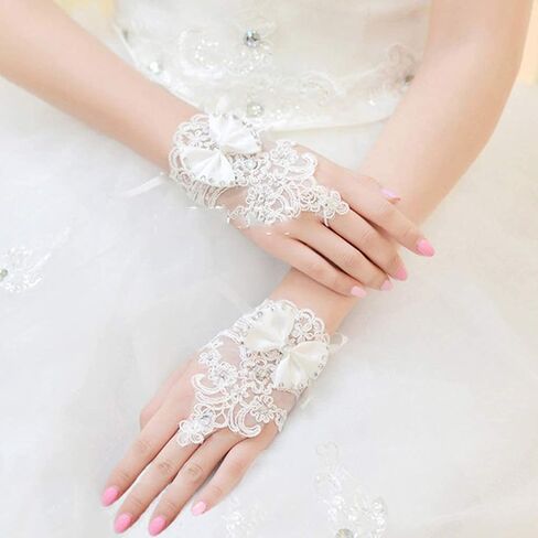 قفازات الزفاف النسائية من Olbye من الدانتيل بدون أصابع قفازات بيضاء ذات أكمام قصيرة in Kuwait