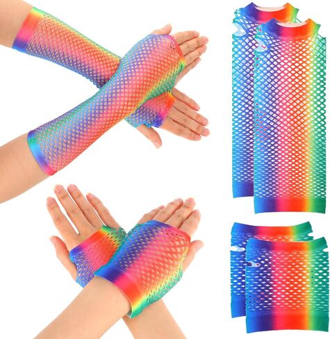 2Pairs Rainbow Fishnet Gloves Women's Fingerless Fishnet Gloves Stretchy Short and Long Net Mesh Fingerless Gloves 80s 90s Neon Fishnet Gloves for Women Girls Cosplay Costume Party Accessories in Saudi Arabia