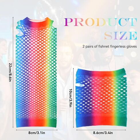 2Pairs Rainbow Fishnet Gloves Women's Fingerless Fishnet Gloves Stretchy Short and Long Net Mesh Fingerless Gloves 80s 90s Neon Fishnet Gloves for Women Girls Cosplay Costume Party Accessories in Saudi Arabia