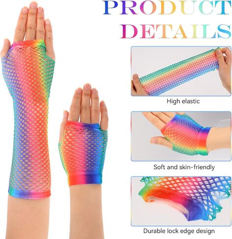 2Pairs Rainbow Fishnet Gloves Women's Fingerless Fishnet Gloves Stretchy Short and Long Net Mesh Fingerless Gloves 80s 90s Neon Fishnet Gloves for Women Girls Cosplay Costume Party Accessories in Saudi Arabia
