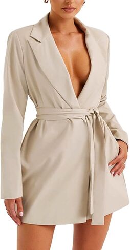 Women's Deep V Neck Collar Long Sleeve Self Tie Belted Work Office Mini Blazer Dress in Saudi Arabia