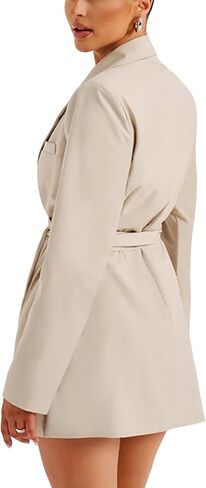 Women's Deep V Neck Collar Long Sleeve Self Tie Belted Work Office Mini Blazer Dress in Saudi Arabia
