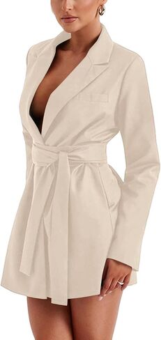 Women's Deep V Neck Collar Long Sleeve Self Tie Belted Work Office Mini Blazer Dress in Saudi Arabia