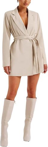 Women's Deep V Neck Collar Long Sleeve Self Tie Belted Work Office Mini Blazer Dress in Saudi Arabia
