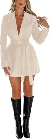 Women's Deep V Neck Collar Long Sleeve Self Tie Belted Work Office Mini Blazer Dress in Saudi Arabia