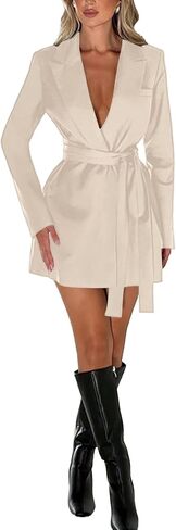Women's Deep V Neck Collar Long Sleeve Self Tie Belted Work Office Mini Blazer Dress in Saudi Arabia