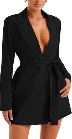 Women's Deep V Neck Collar Long Sleeve Self Tie Belted Work Office Mini Blazer Dress in Saudi Arabia