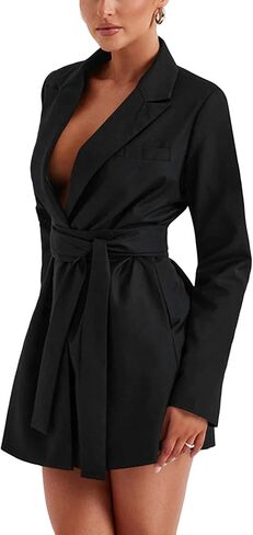 Women's Deep V Neck Collar Long Sleeve Self Tie Belted Work Office Mini Blazer Dress in Saudi Arabia