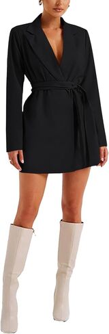 Women's Deep V Neck Collar Long Sleeve Self Tie Belted Work Office Mini Blazer Dress in Saudi Arabia