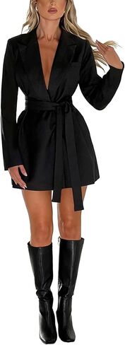 Women's Deep V Neck Collar Long Sleeve Self Tie Belted Work Office Mini Blazer Dress in Saudi Arabia