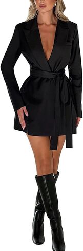 Women's Deep V Neck Collar Long Sleeve Self Tie Belted Work Office Mini Blazer Dress in Saudi Arabia