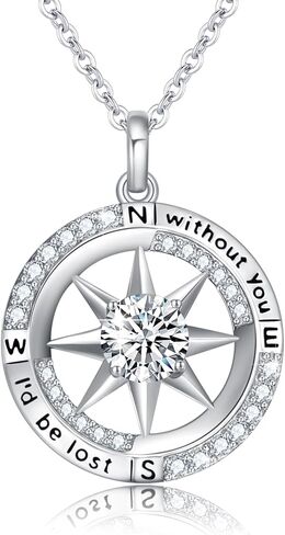 AOSAIB Compass Necklace S925 Sterling Silver I'd Be Lost Without You Diamond Compass Pendant Graduation Gift Compass Jewelry Valentine Birthday Gift for Girlfriend Wife Her in Kuwait