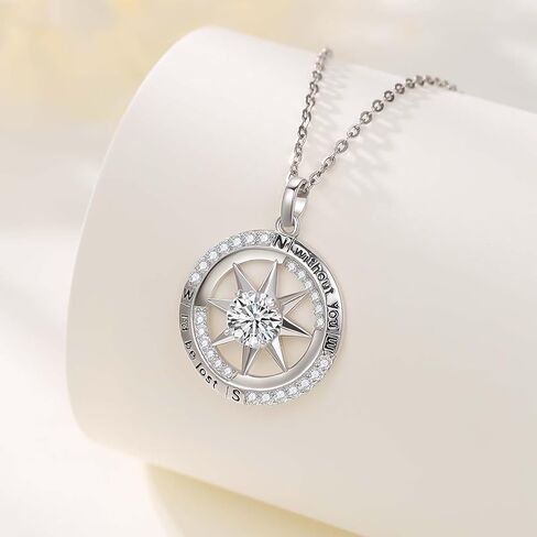 AOSAIB Compass Necklace S925 Sterling Silver I'd Be Lost Without You Diamond Compass Pendant Graduation Gift Compass Jewelry Valentine Birthday Gift for Girlfriend Wife Her in Kuwait