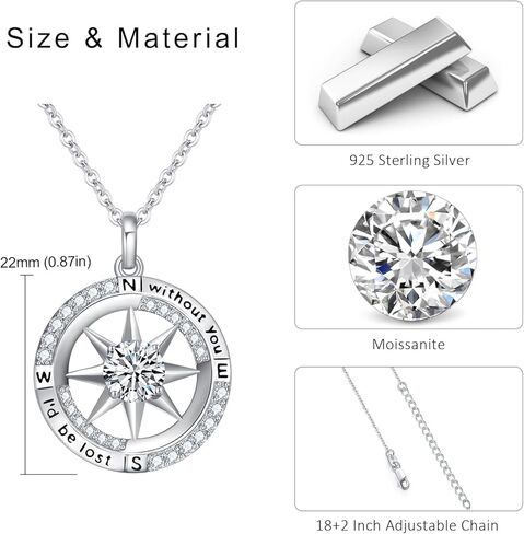 AOSAIB Compass Necklace S925 Sterling Silver I'd Be Lost Without You Diamond Compass Pendant Graduation Gift Compass Jewelry Valentine Birthday Gift for Girlfriend Wife Her in Kuwait