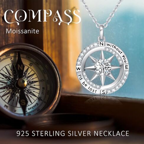 AOSAIB Compass Necklace S925 Sterling Silver I'd Be Lost Without You Diamond Compass Pendant Graduation Gift Compass Jewelry Valentine Birthday Gift for Girlfriend Wife Her in Kuwait