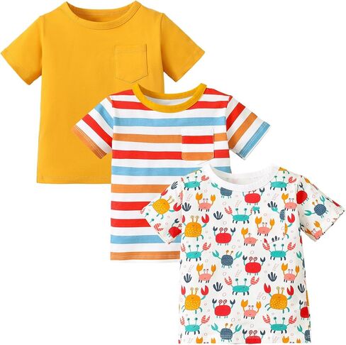 OPAWO Toddler Boy Shirts, Monster Truck Football Crabs Graphic Tees, Short Sleeve Printed Striped Pocket T Shirt 3-Pack, 1-5T in Saudi Arabia
