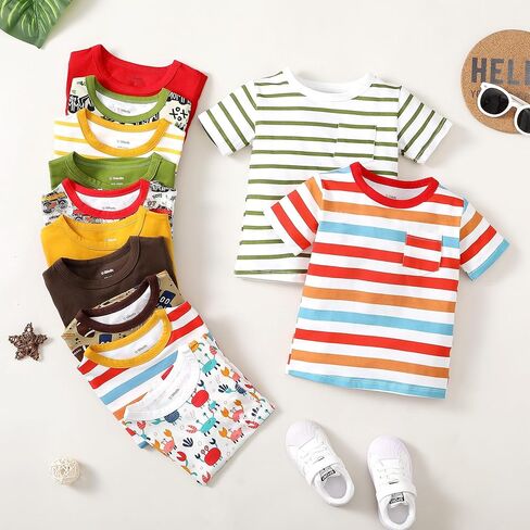 قمصان OPAWO للأطفال الصغار، تي شيرت مطبوع عليه Monster Truck Football Crabs، تي شيرت جيب مخطط بأكمام قصيرة، 3 عبوات، 1-5T in Kuwait