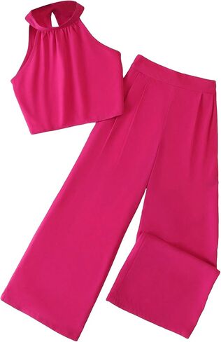 Milumia Girl's 2 Piece Outfits Sleeveless Keyhole Back Halter Top and Wide Leg Pants Set in Saudi Arabia