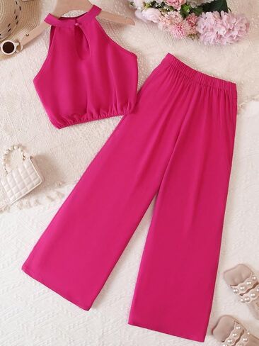 Milumia Girl's 2 Piece Outfits Sleeveless Keyhole Back Halter Top and Wide Leg Pants Set in Saudi Arabia