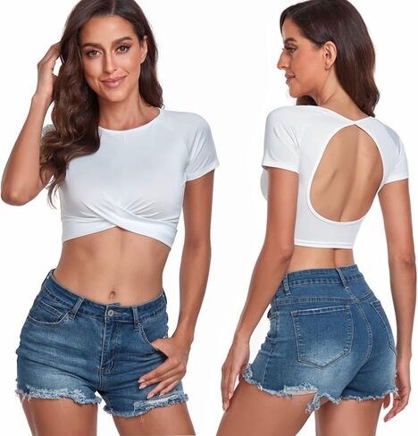 Women's Summer Crop Top Solid Short Open Back Workout Cropped Tops Sexy Short Sleeve Gym Twist Front Tee T-Shirt in Saudi Arabia