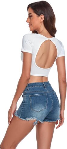 Women's Summer Crop Top Solid Short Open Back Workout Cropped Tops Sexy Short Sleeve Gym Twist Front Tee T-Shirt in Saudi Arabia
