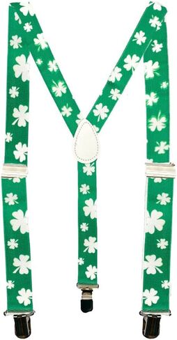 St. Patrick's Day Clover Print Suspenders - Adjustable Straight Metal Clip Accessory with Elastic Bands, One Size in Saudi Arabia
